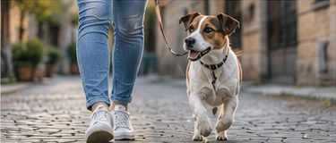 Hund beim Spaziergang in der Stadt